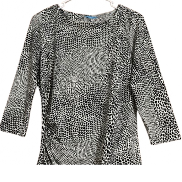 J.McLaughlin Women Ruched Black & Cream Animal Print 3/4 Sleeve Midi Dress Sz-XS - Picture 2 of 6